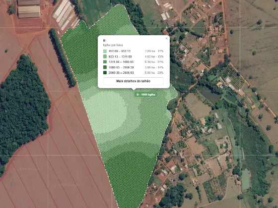 Mapa de aplicação de calcário em taxa variável, em tons de verde, com doses de 451 a 2.505 kg/ha por faixa.