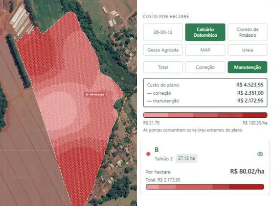 Mapa de custo por hectare do calcário e painel com o custo do plano separado em correção e manutenção.