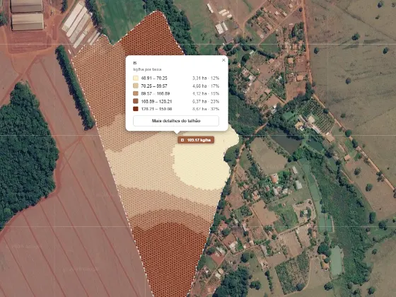 Mapa de demanda de potássio de um talhão sobre imagem de satélite, com faixas de 48 a 150 kg/ha e a área de cada faixa.